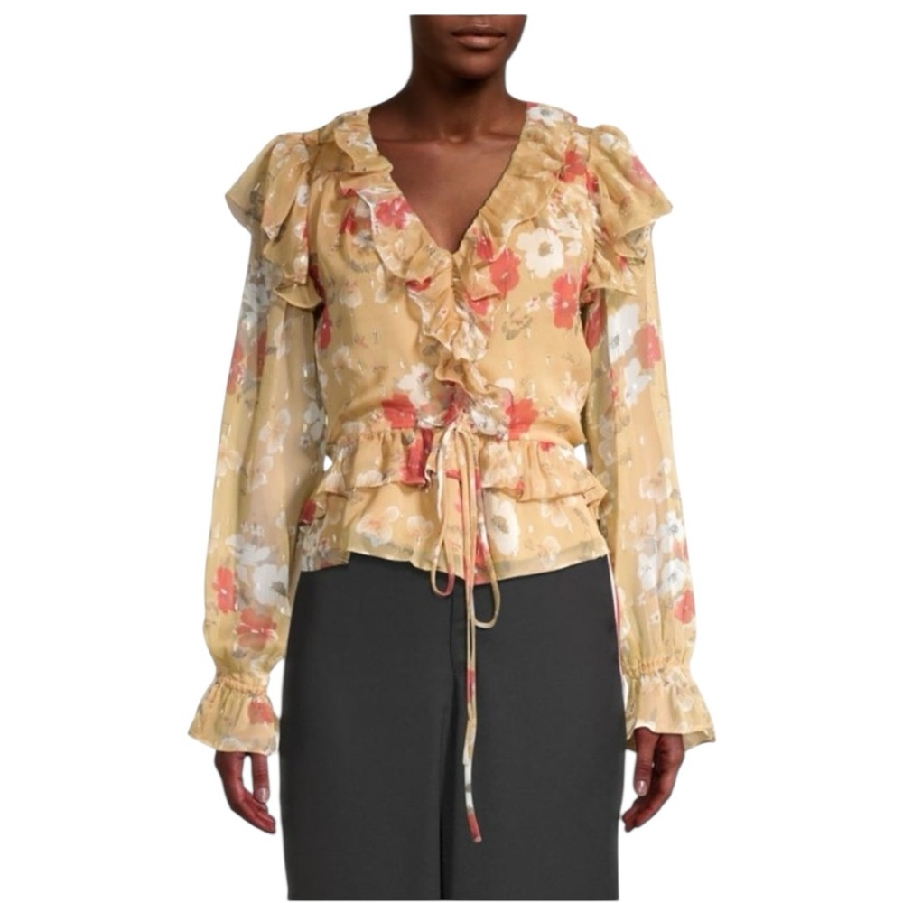 Walter Baker Yellow Floral Ruffled V-Neck Blouse